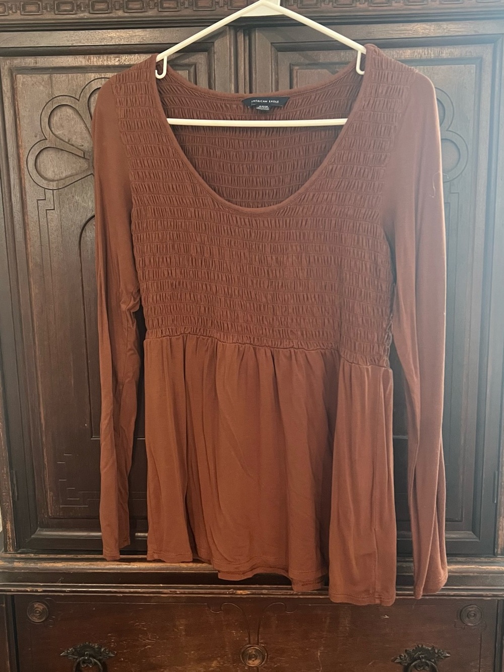 American Eagle Outfitters Brown Smocked Long Sleeve Peplum Top